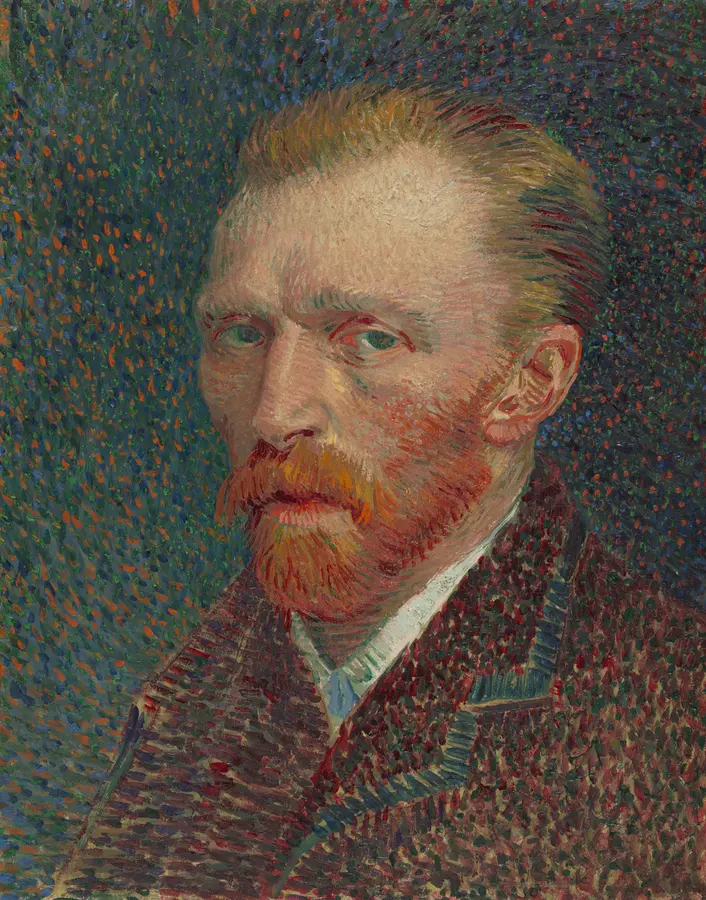 A painted self-portrait in short broken strokes of blue, green and orange, the sitter in a dark jacket looking slightly to one side.